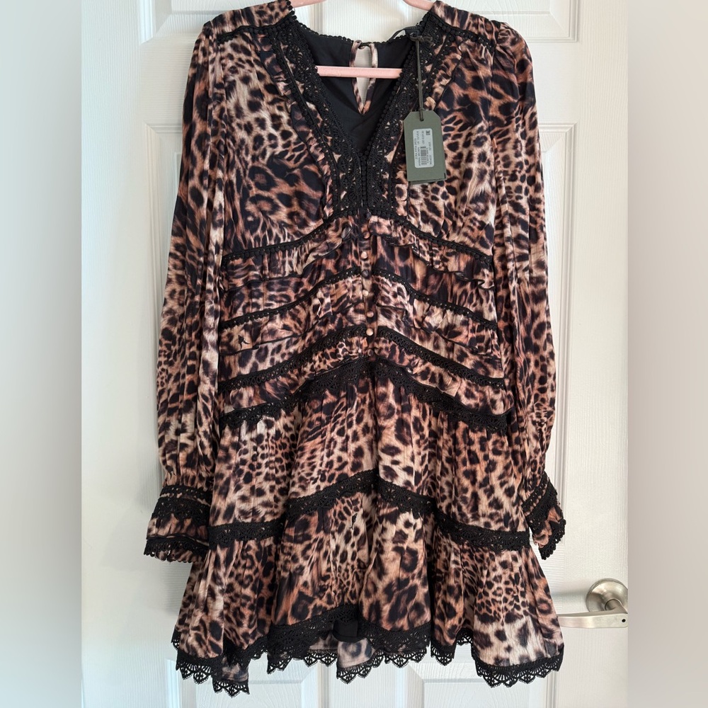 ALL SAINTS Zora Evita Dress New With Tags Brown Animal Print Size 8 - Picture 2 of 16